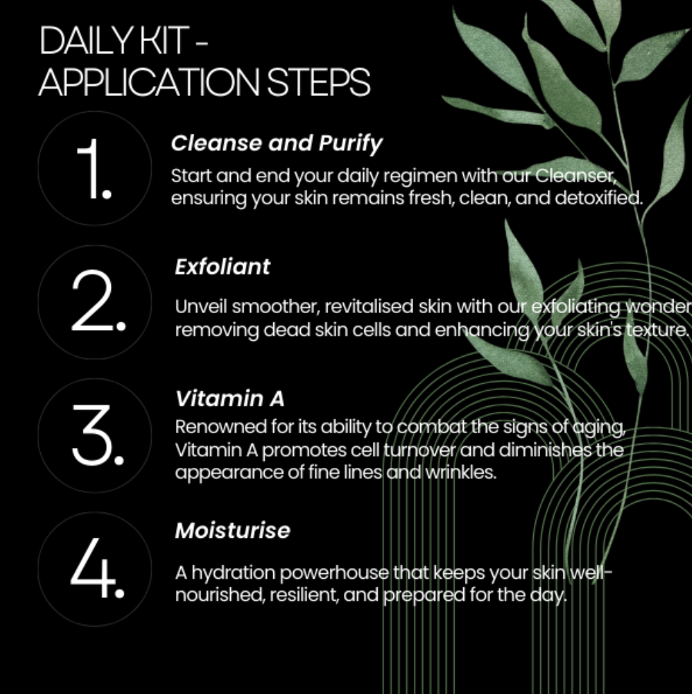 Daily System application steps by Brother Skin Co, cleanse, exfoliate, Vitamin A, moisturise