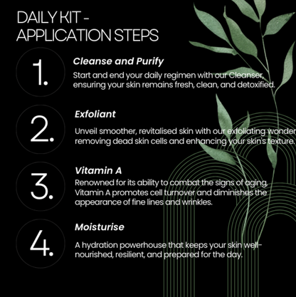 Daily System application steps by Brother Skin Co, cleanse, exfoliate, Vitamin A, moisturise